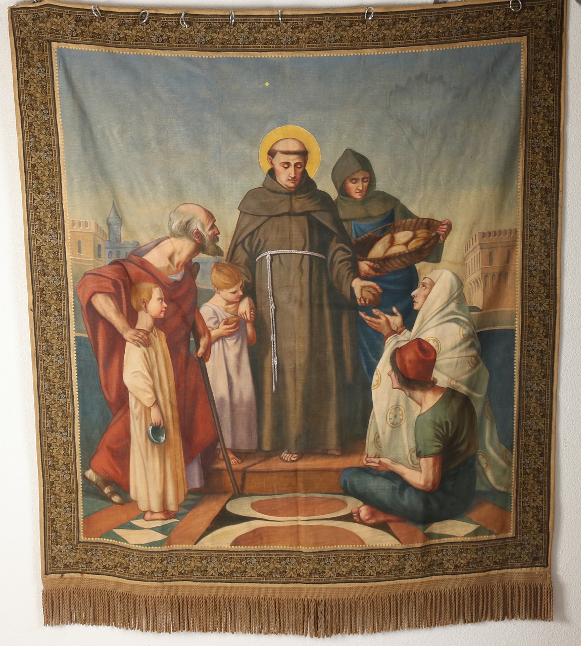 Antiek religieus wandkleed, 150 x 133 cm.