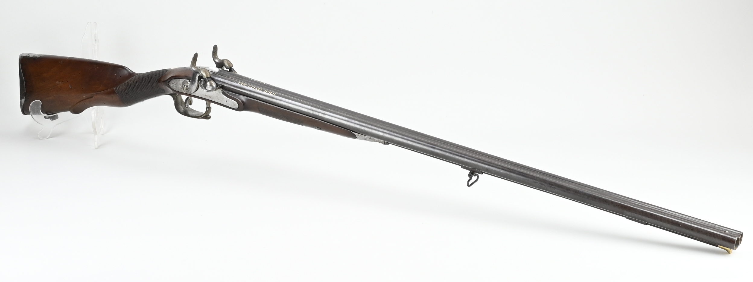 Antiek dubbelloops jachtgeweer, L 117 cm.