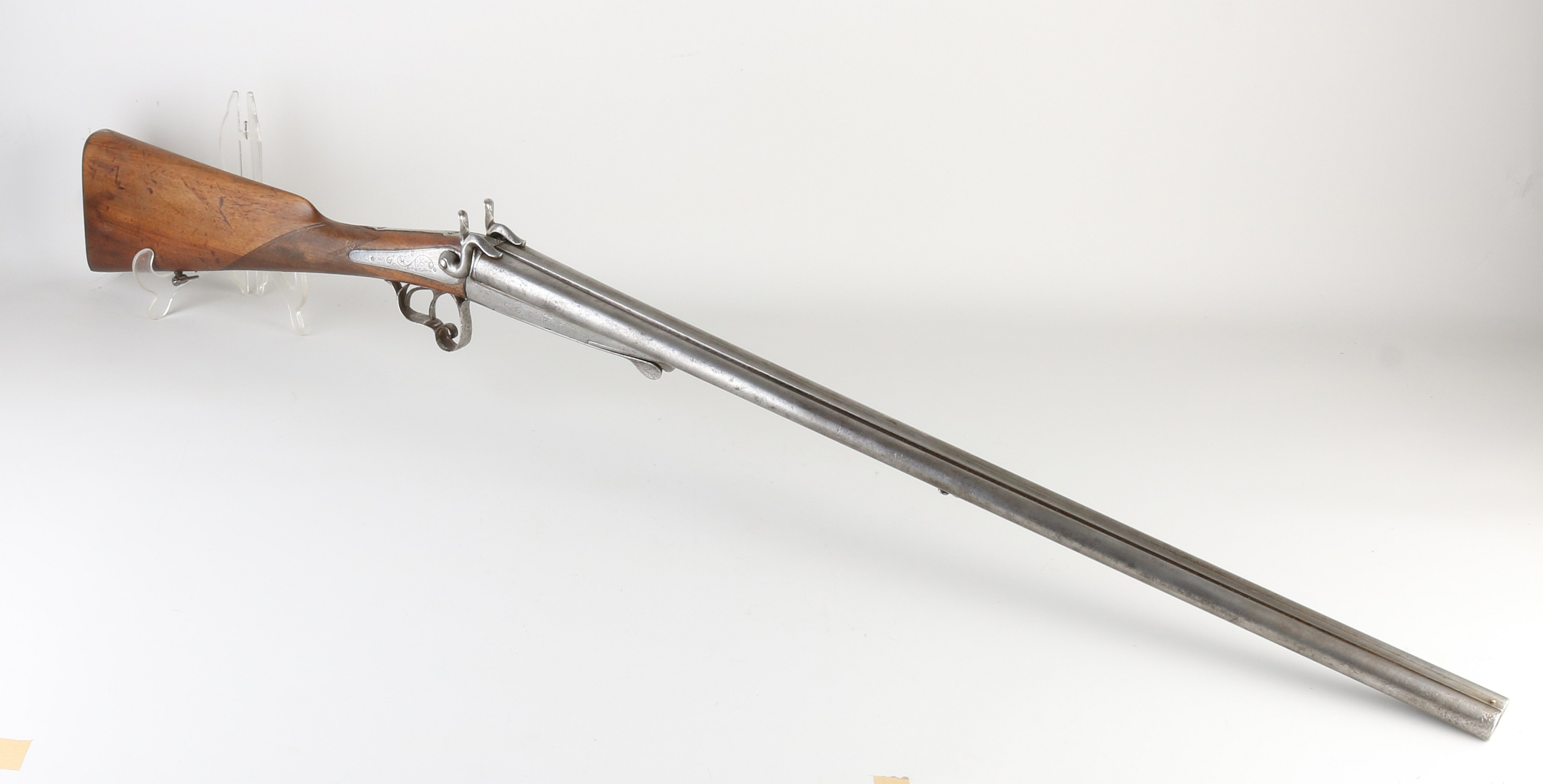 Antiek dubbelloops geweer, L 116 cm.