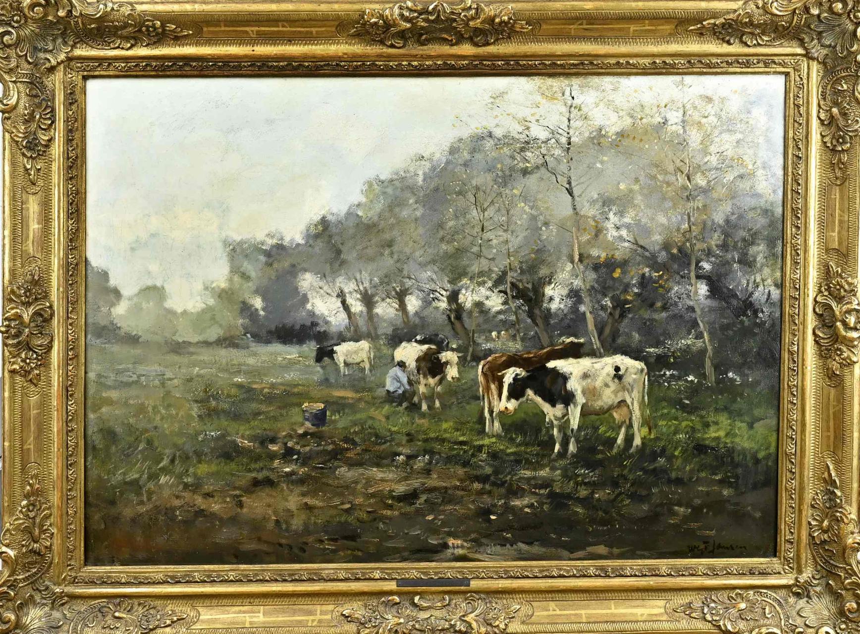 W.G.F. Jansen, Landschap met knotwilgen, koeien en melkende boer