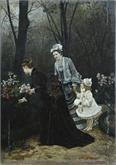 d'Apres Firmin Girard, Twee dames en meisje plukken bloemen in tuin