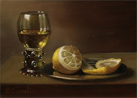 C. Cornelisz, Stilleven met Roemer, citroen en tinnen bord