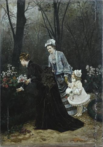 d'Apres Firmin Girard, Twee dames en meisje plukken bloemen in tuin